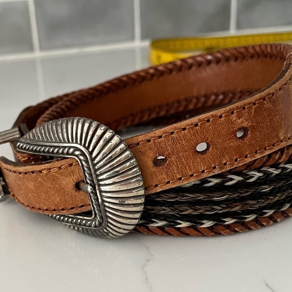Genuine Leather Western Braided Woven Belt Silvertone Hardware Cowboy Rodeo - Picture 5 of 13